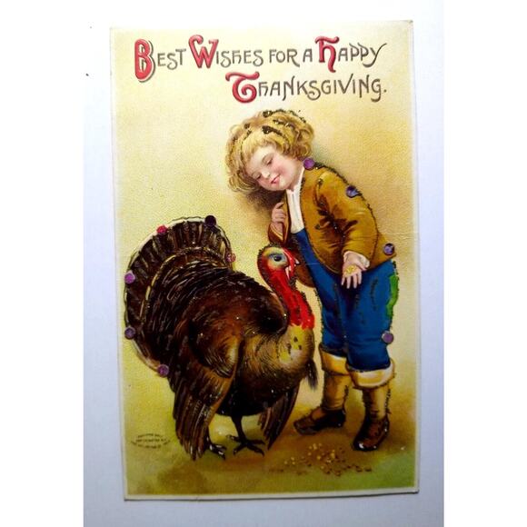 Thanksgiving Postcard Ellen Clapsaddle Mica Glitter Embossed Turkey Child German - Picture 1 of 3